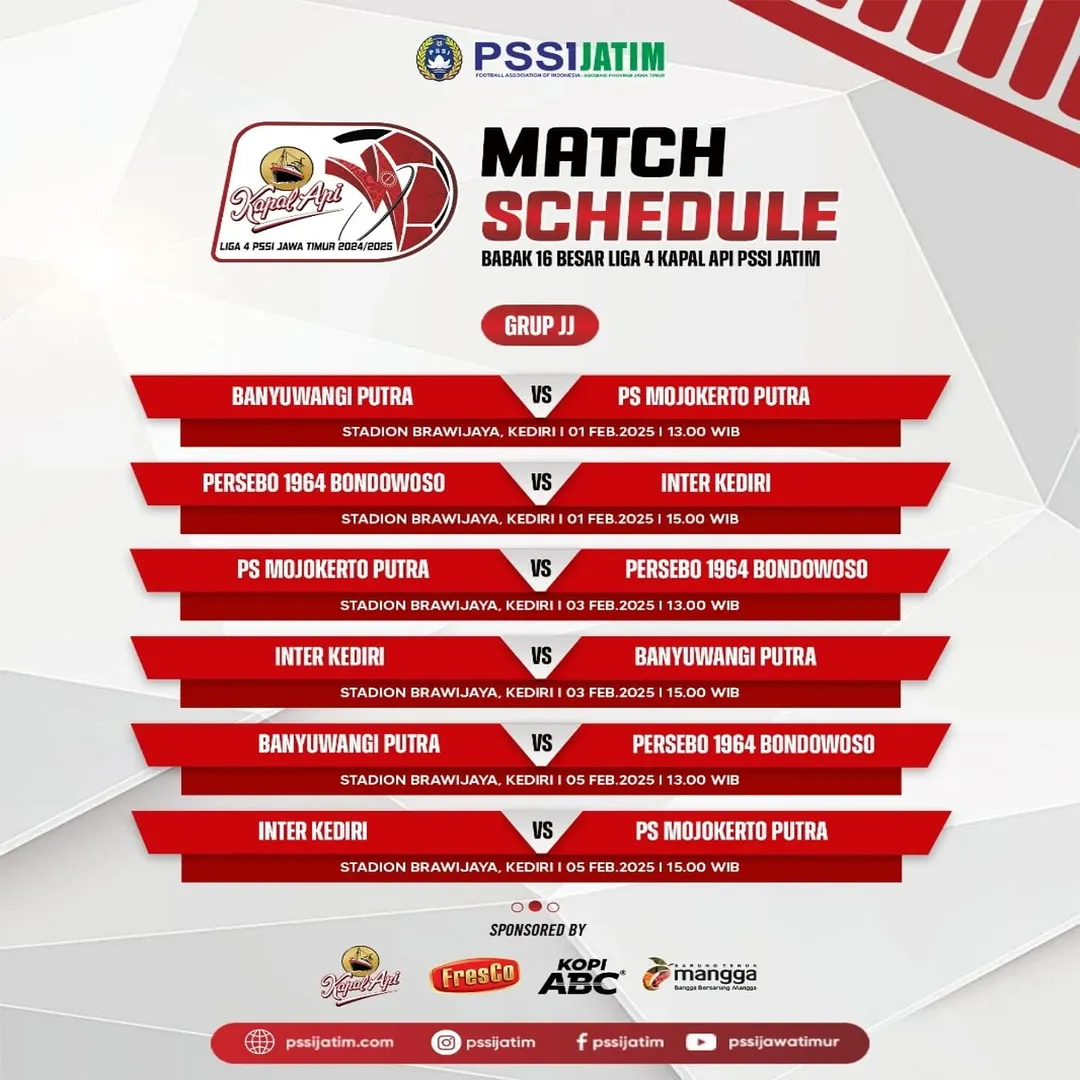 Jadwal Pertandingan Babak 16 Besar Liga 4 Kapal Api Jawa Timur - GRUP JJ