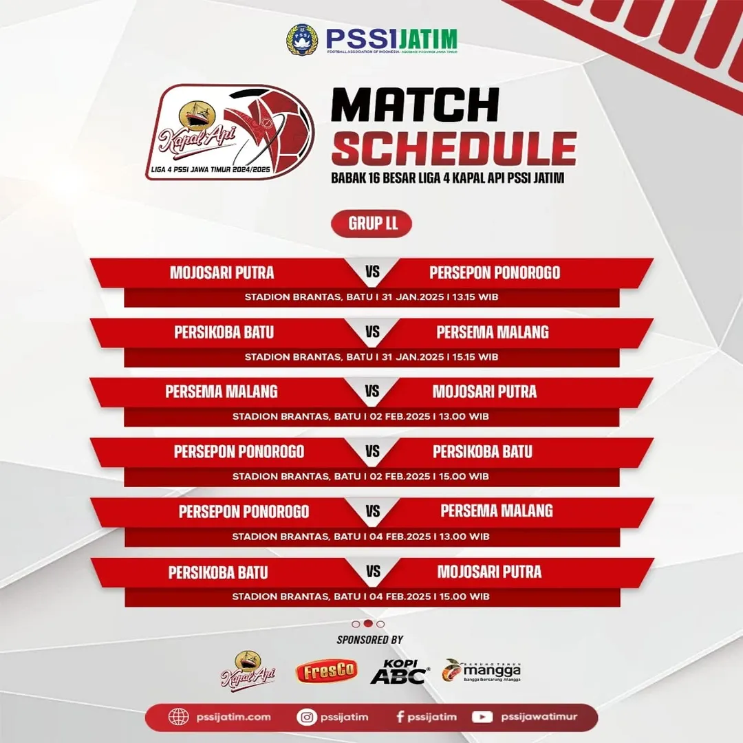 Jadwal Pertandingan Babak 16 Besar Liga 4 Kapal Api Jawa Timur - GRUP LL