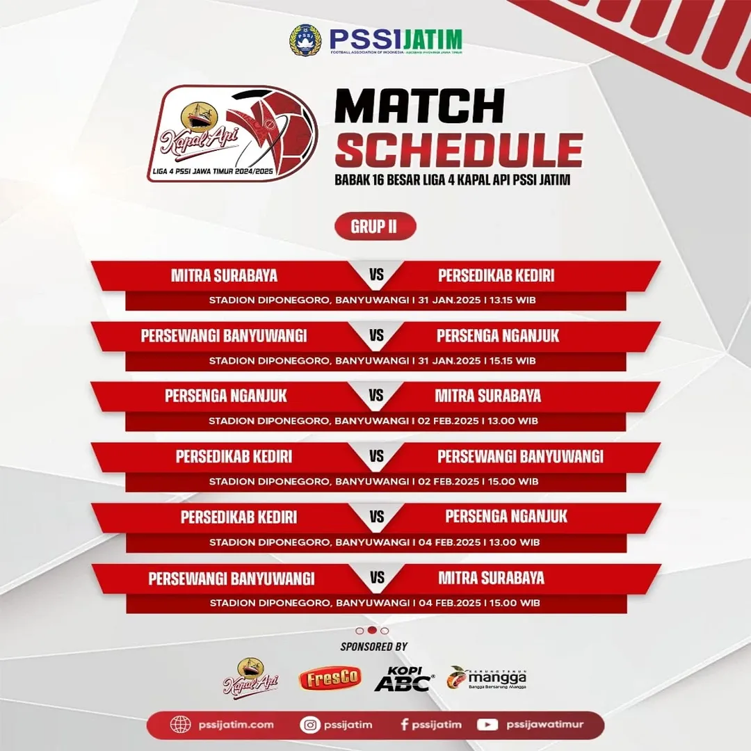 Jadwal Pertandingan Babak 16 Besar Liga 4 Kapal Api Jawa Timur - GRUP II