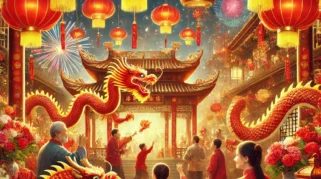 Ilustrasi perayaan Tahun Baru Imlek yang menampilkan lampion merah, dekorasi emas, pertunjukan barongsai, keluarga berkumpul di meja makan dengan hidangan tradisional, dan kembang api menerangi langit malam.