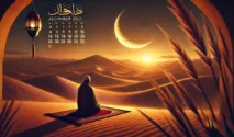 Ilustrasi seorang Muslim berdoa di padang pasir saat fajar dengan bulan sabit bersinar di langit. Latar belakang menampilkan suasana spiritual dengan cahaya matahari terbit yang hangat. Kalender Islam dengan tanggal Ayyamul Bidh dan Nisfu Syaban 2025 ditampilkan secara halus dalam gambar.