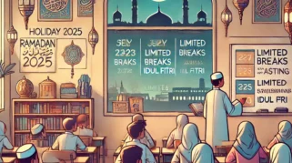 Siswa SMP sedang diskusi kelompok di kelas selama bulan Ramadan 2025