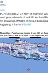 Peta lokasi gempa magnitudo 5,0 di selatan Blitar menurut BMKG