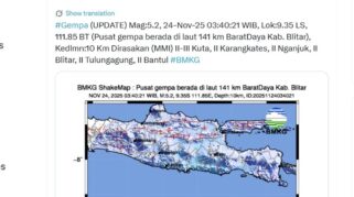 Peta lokasi gempa magnitudo 5,0 di selatan Blitar menurut BMKG