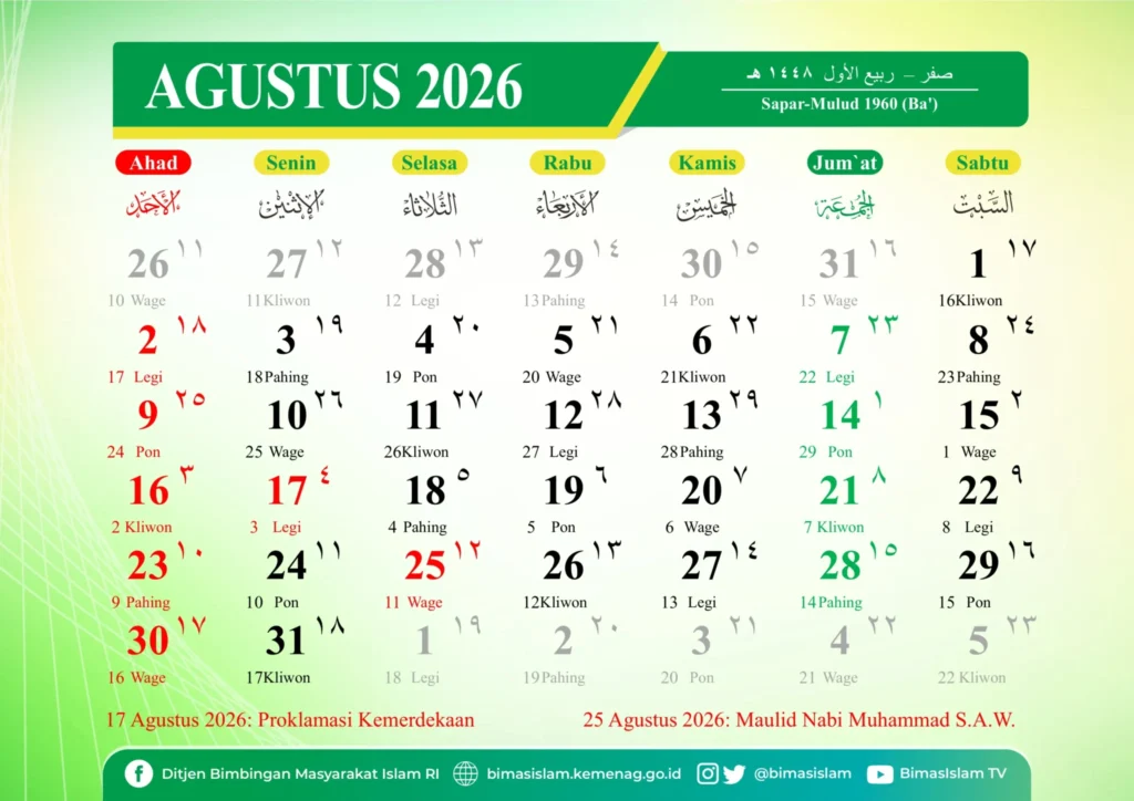 Kalender Jawa Bulan Agustus 2026 (Foto: dok. Aceh Kemenag)