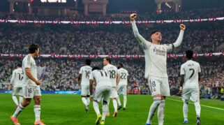 Pemain Real Madrid, Federico Valverde (depan), merayakan gol pada laga semifinal Piala Super Spanyol/Supercopa de Espana antara Atletico Madrid vs Madrid, 8 Januari 2026