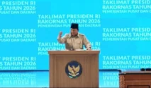 Presiden Prabowo Subianto saat menyampaikan pidato Rakornas di Sentul