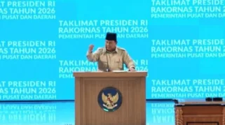 Presiden Prabowo Subianto saat menyampaikan pidato Rakornas di Sentul
