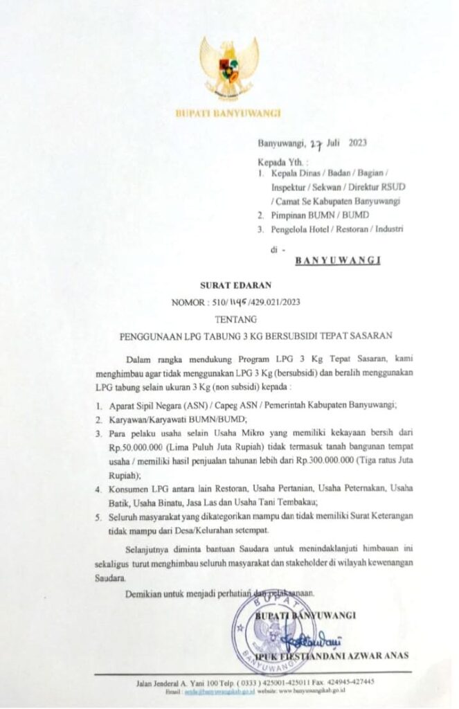surat edaran yang menekankan penggunaan gas LPG 3kg