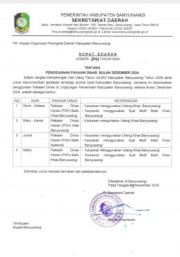 Surat Edaran Penggunaan Pakaian Dinas Bulan Desember 2024 di Hut Banyuwangi ke-253.