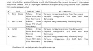 Surat Edaran Penggunaan Pakaian Dinas Bulan Desember 2024 di Hut Banyuwangi ke-253.