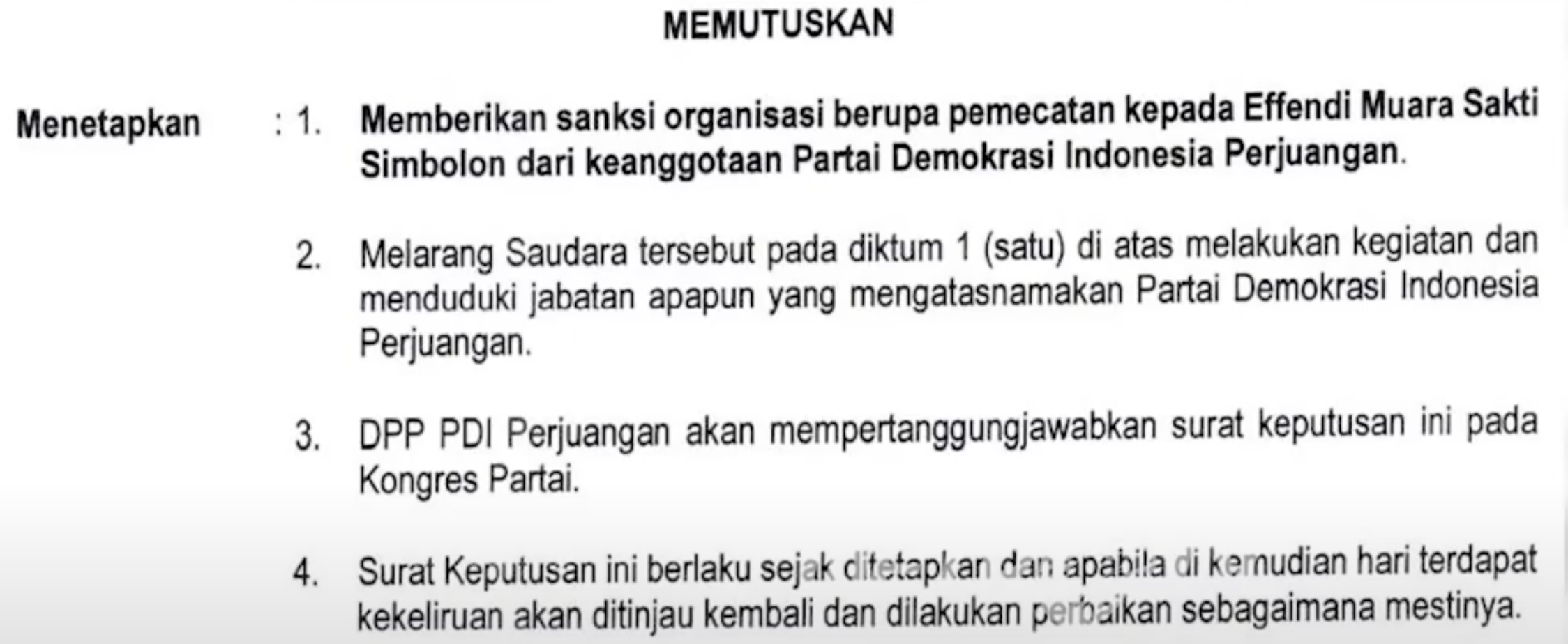 Surat Keputusan PDI Perjuangan atas Pemecatan Effendi Muara Sakti Simbolon