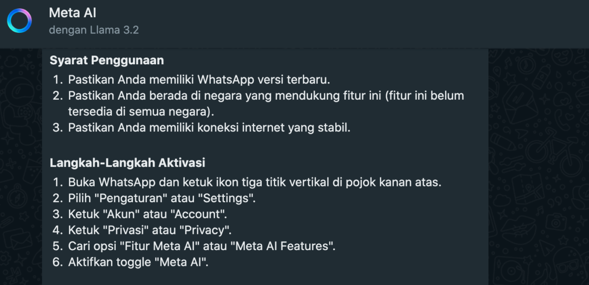 Ilustrasi penggunaan Meta AI di WhatsApp.