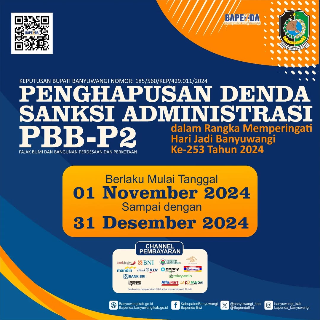 Sambut Harjaba ke-253, Pemkab Banyuwangi Beri Pemutihan Denda PBB, Gini Caranya! Poster Jadwal dan Informasi Penghapusan Denda Sanksi Administrasi PBB-P2 Kabupaten Banyuwangi