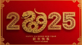 Gambar kalender Imlek 2025 yang menampilkan simbol Shio Ular.