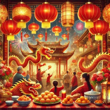 Ilustrasi perayaan Tahun Baru Imlek yang menampilkan lampion merah, dekorasi emas, pertunjukan barongsai, keluarga berkumpul di meja makan dengan hidangan tradisional, dan kembang api menerangi langit malam.