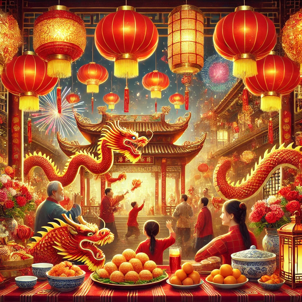 Ilustrasi perayaan Tahun Baru Imlek yang menampilkan lampion merah, dekorasi emas, pertunjukan barongsai, keluarga berkumpul di meja makan dengan hidangan tradisional, dan kembang api menerangi langit malam.