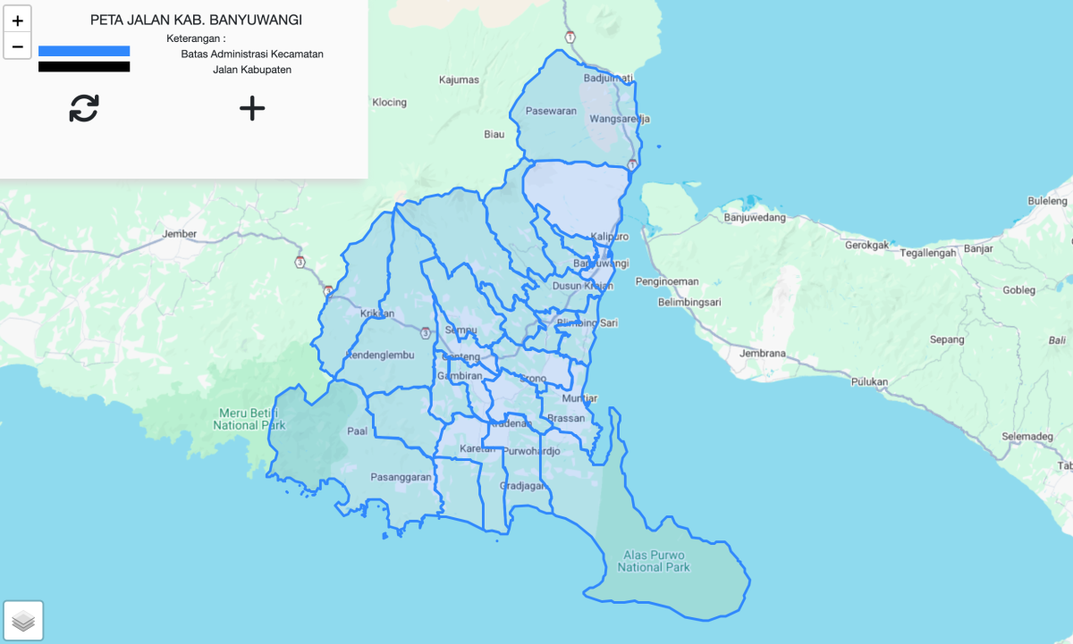Peta Kabupaten Banyuwangi yang menampilkan seluruh kecamatan, kelurahan, dan desa.
