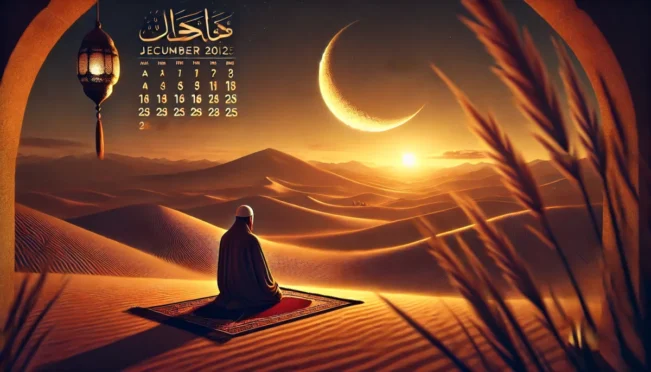 Ilustrasi seorang Muslim berdoa di padang pasir saat fajar dengan bulan sabit bersinar di langit. Latar belakang menampilkan suasana spiritual dengan cahaya matahari terbit yang hangat. Kalender Islam dengan tanggal Ayyamul Bidh dan Nisfu Syaban 2025 ditampilkan secara halus dalam gambar.