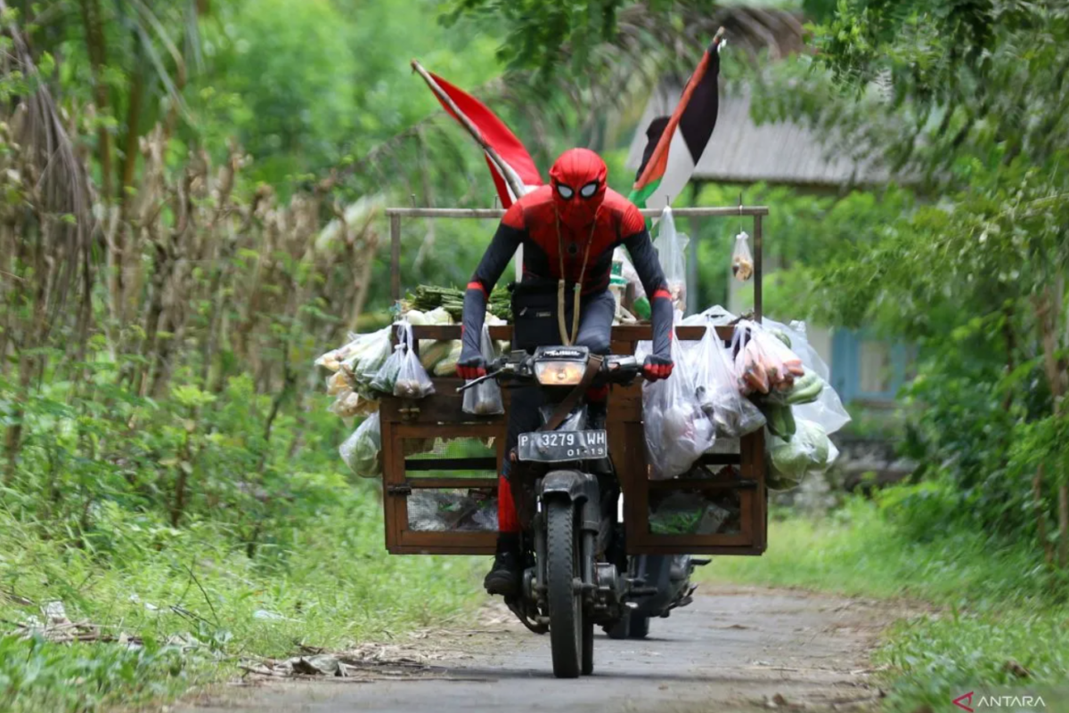 Suaidi, pedagang sayur dengan kostum Spiderman, sedang berjualan di Banyuwangi.