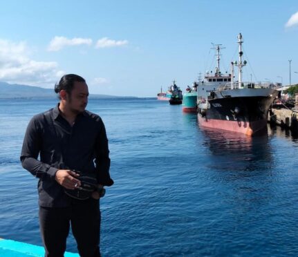 Seorang pria berdiri di pelabuhan dengan beberapa kapal kargo di latar belakang.