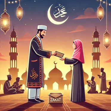 Seorang pria Muslim memberikan zakat kepada penerima di halaman masjid saat senja, dengan latar belakang lentera dan dekorasi bulan sabit yang menciptakan suasana Ramadan yang hangat dan penuh berkah.