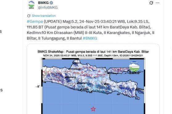 Peta lokasi gempa magnitudo 5,0 di selatan Blitar menurut BMKG