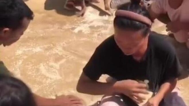 Warga Taput mengumpulkan beras bantuan yang pecah setelah dijatuhkan dari helikopter