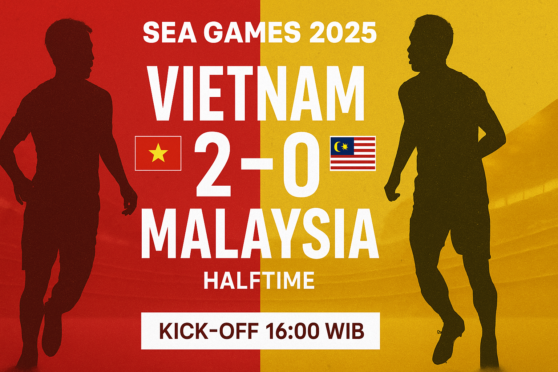 Infografis hasil babak pertama pertandingan Vietnam U-22 vs Malaysia U-22 di SEA Games 2025 dengan skor 2-0, lengkap dengan warna bendera kedua negara, siluet pemain, dan informasi kick-off 16.00 WIB.