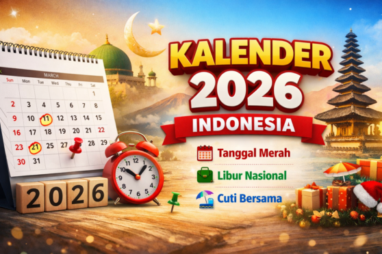Ilustrasi kalender 2026 dengan penanda tanggal merah, hari libur nasional, dan cuti bersama