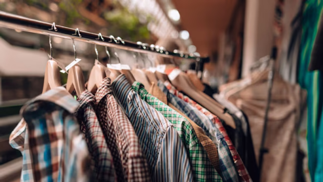 Pedagang pakaian bekas di pasar tradisional menunggu pengunjung sambil memajang dagangan.