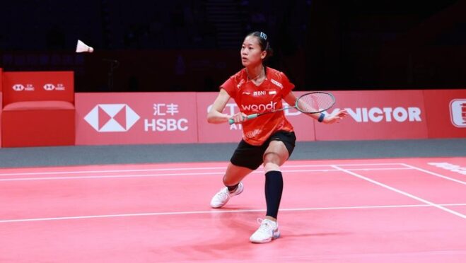 Putri Kusuma Wardani saat bertanding di BWF World Tour Finals 2025