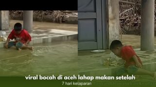 Bocah korban banjir Aceh makan nasi bungkus di tengah genangan air