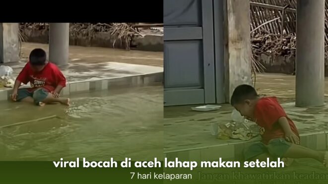 Bocah korban banjir Aceh makan nasi bungkus di tengah genangan air