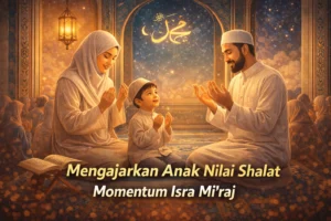 Ilustrasi keluarga Muslim berdoa dan mengajarkan nilai shalat kepada anak pada peringatan Isra Mi’raj