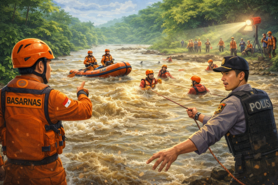 Tim gabungan melakukan pencarian korban hanyut di sungai