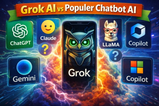 Ilustrasi Grok AI dibandingkan dengan ChatGPT, Gemini, Claude, LLaMA, dan Microsoft Copilot