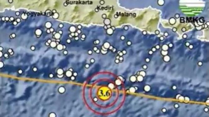 Peta gempa bumi mengguncang Kabupaten Blitar, Jawa Timur, Selasa (27/1/2026).