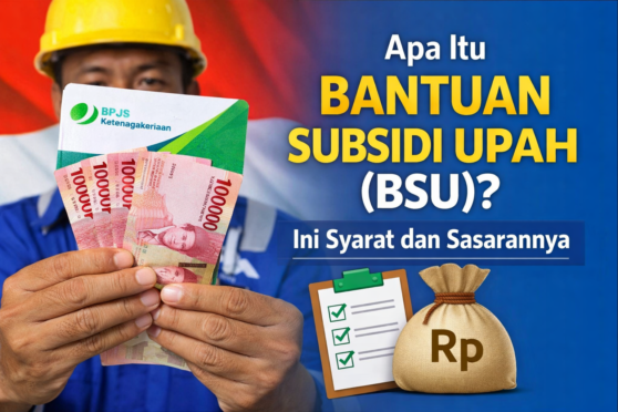 Ilustrasi pekerja Indonesia memegang uang rupiah dan kartu BPJS Ketenagakerjaan sebagai simbol Bantuan Subsidi Upah (BSU)