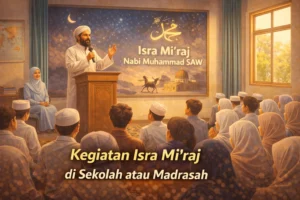 Ilustrasi siswa dan guru mengikuti kegiatan Isra Miโraj di sekolah atau madrasah