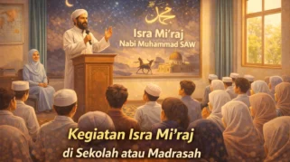 Ilustrasi siswa dan guru mengikuti kegiatan Isra Mi’raj di sekolah atau madrasah
