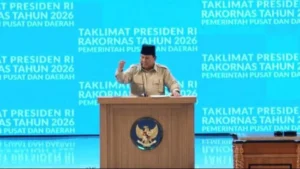Presiden Prabowo Subianto saat menyampaikan pidato Rakornas di Sentul