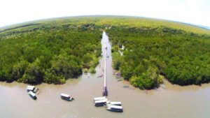 Perahu gondang-gondang menyusuri hutan mangrove Bedul di Segara Anakan, Purwoharjo, Banyuwangi