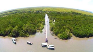 Perahu gondang-gondang menyusuri hutan mangrove Bedul di Segara Anakan, Purwoharjo, Banyuwangi