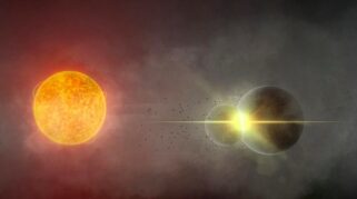 ilustrasi dua planet bertabrakan di luar angkasa dekat bintang