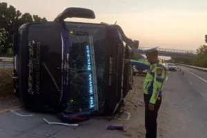 Bus Restu Terguling di Tol Jombang‑Mojokerto, 1 Meninggal dan 33 Luka, Sopir Kabur