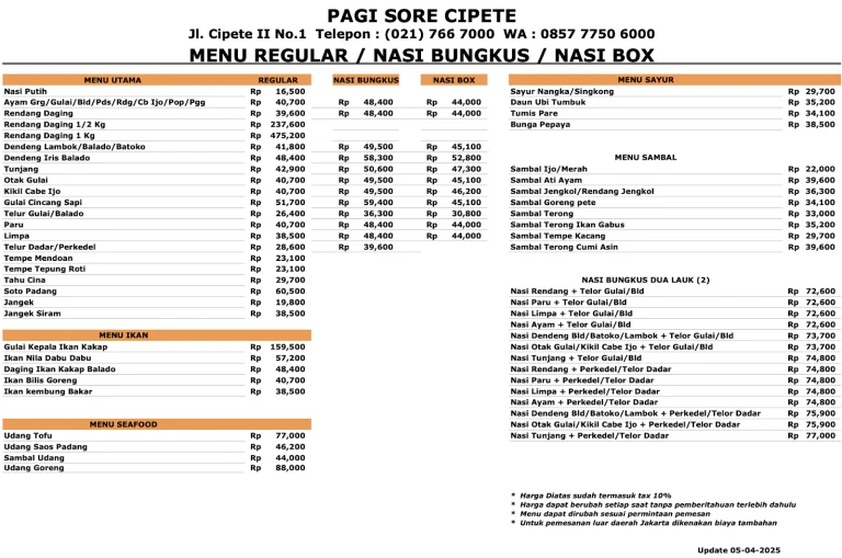 Daftar Ringkas Kuliner dan Harga Perkiraan