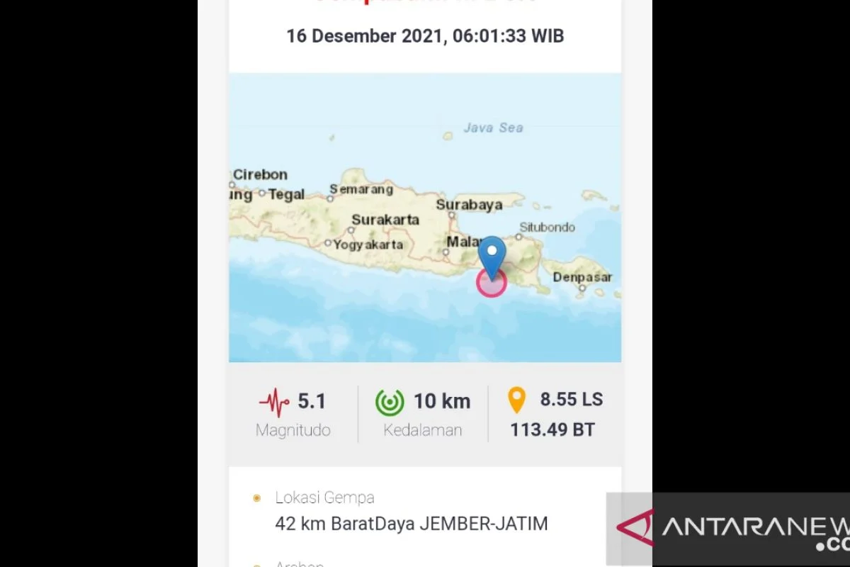 BMKG Tegaskan Gempa 5,1 Magnitudo di Jember Tidak Berpotensi Tsunami