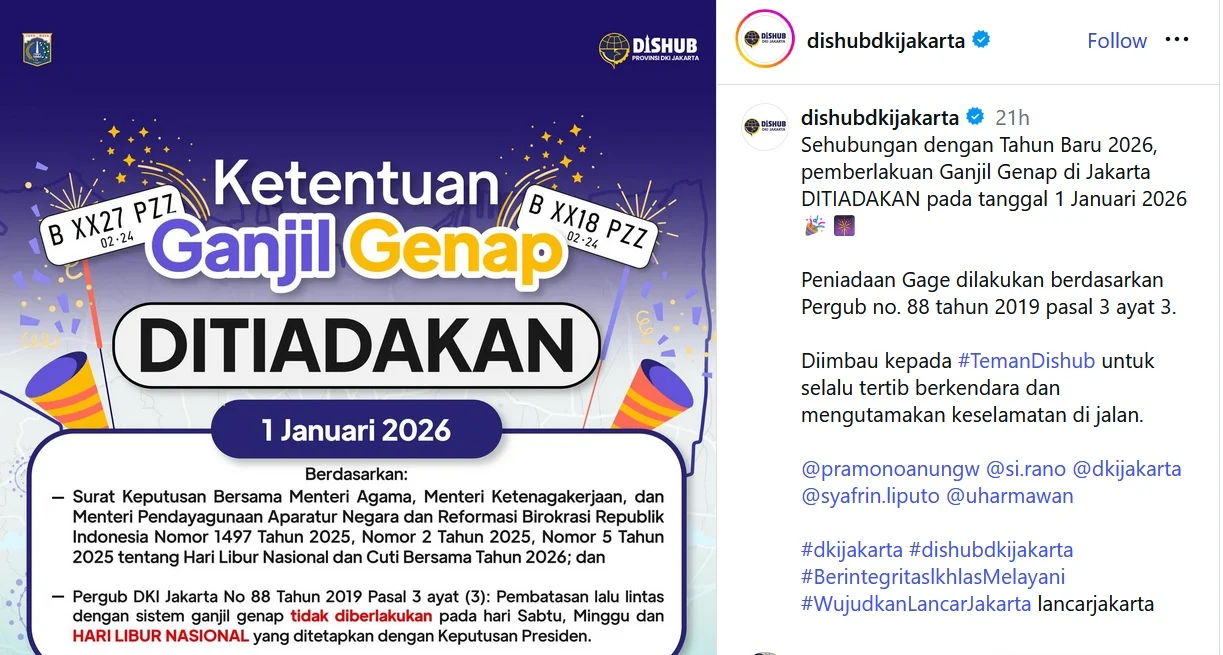 DKI Jakarta Hentikan Sementara Aturan Ganjil Genap Saat Libur Iduladha 2026
