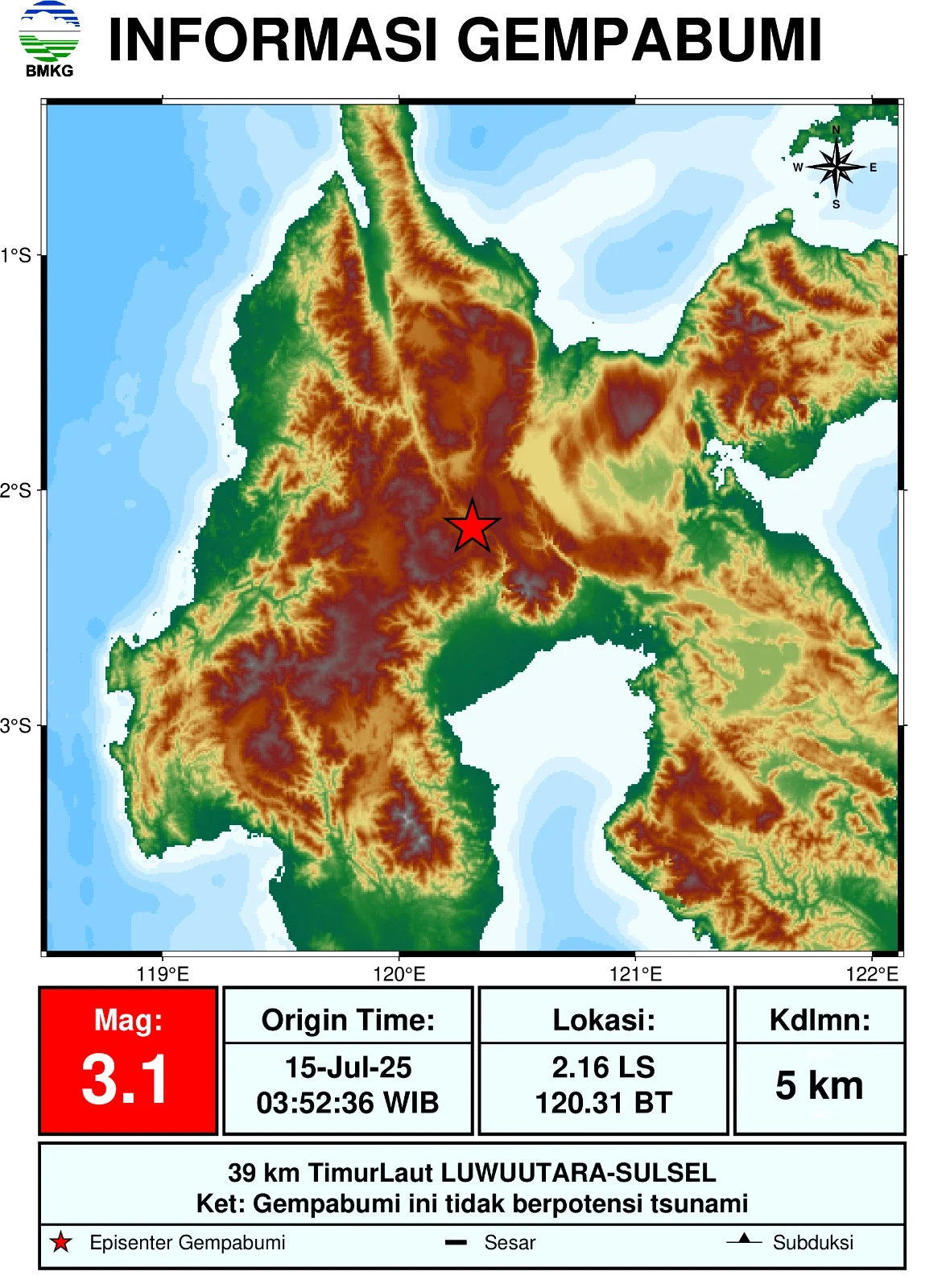 Gempa Magnitudo 3,9 Terasa di Luwu Utara, Sulawesi Selatan